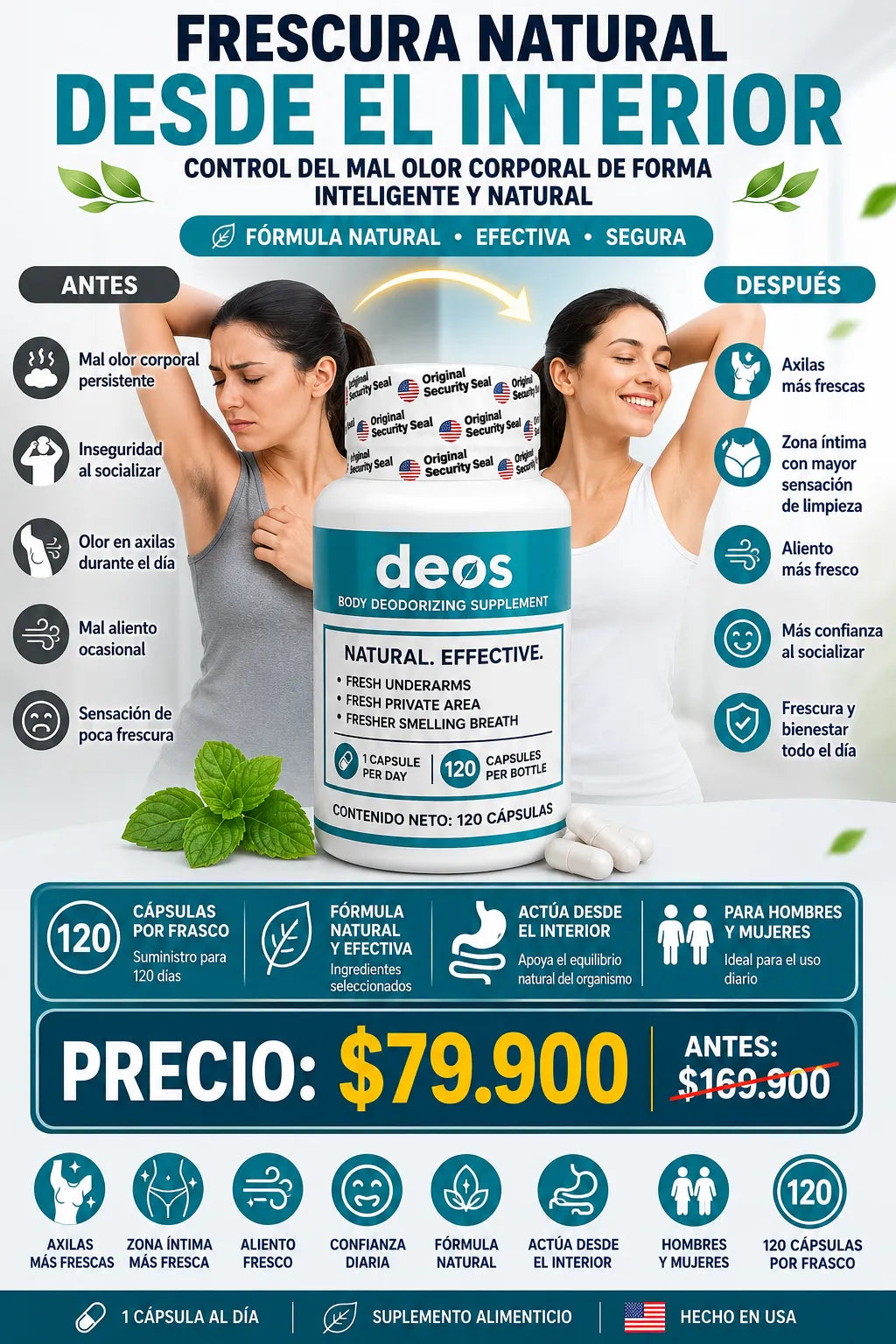 DEOS Body Deodorizing Supplement 120 Cápsulas | Control Natural del Olor Corporal Desde el Interior