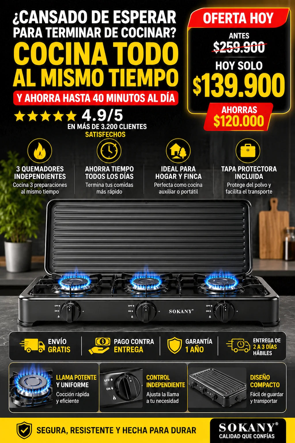 Estufa Portátil Sokany 3 Puestos con Tapa Protectora | Ideal para Hogar, Finca y Cocina Auxiliar